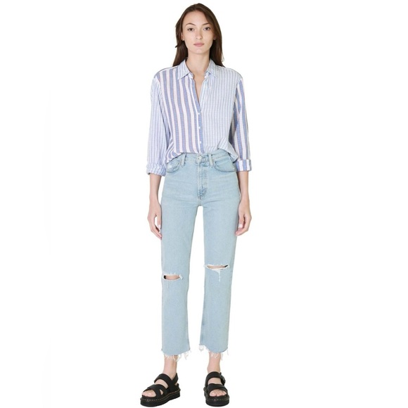 Xirena Beau Boyfriend Button Down Shirt in Tide Blue Stripes Pattern Mixing - Picture 4 of 13